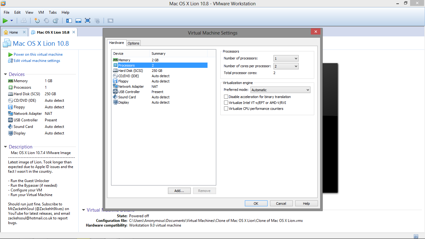 vmware workstation player windows running mac os x
